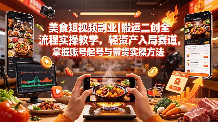（19535期）美食短视频副业｜搬运二创全流程实操教学，轻资产入局赛道，掌握账号起号与带货实操方法-上古云网创