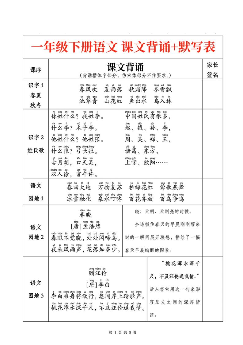 一下语文课文背诵+默写表