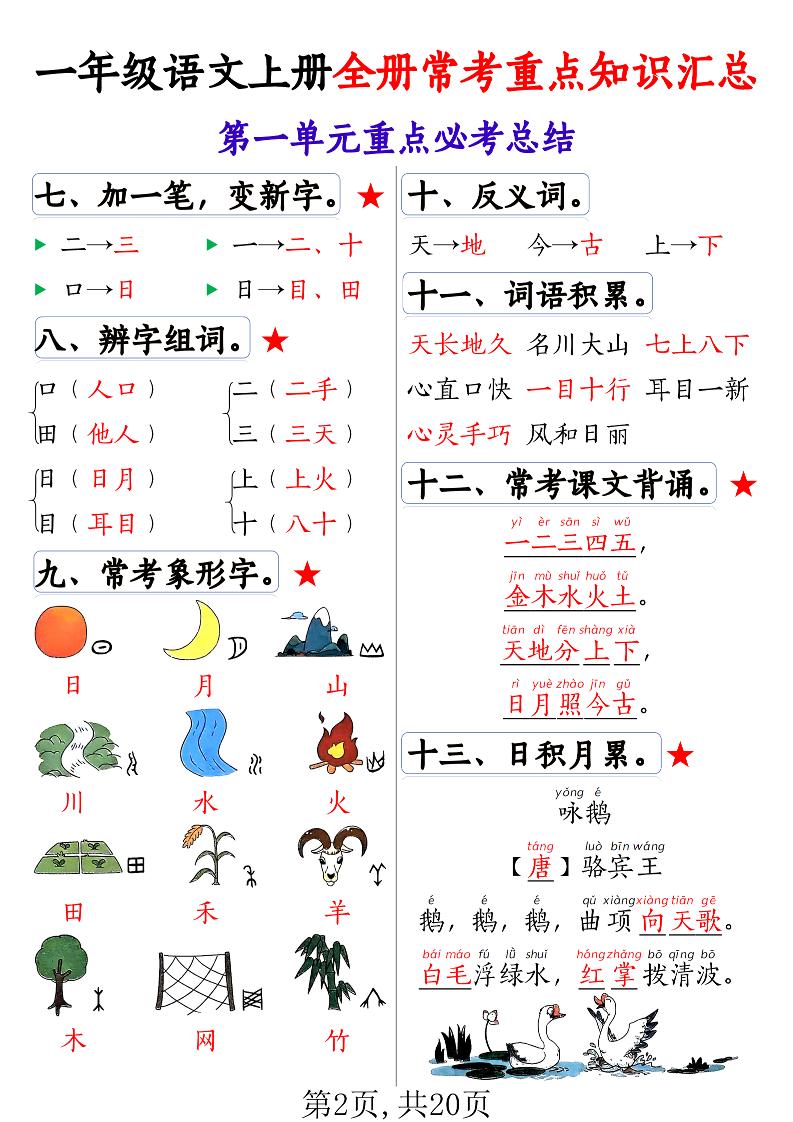 一年级语文上册全册常考重点知识汇总-上古云网创