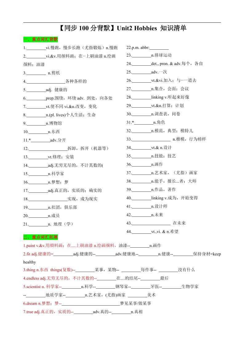 七年级上英语Unit2知识清单背默