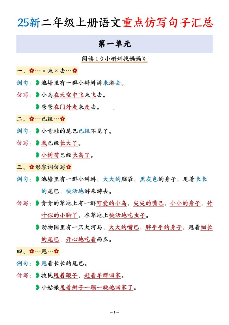 25新二年级上语文重点仿写句子汇总