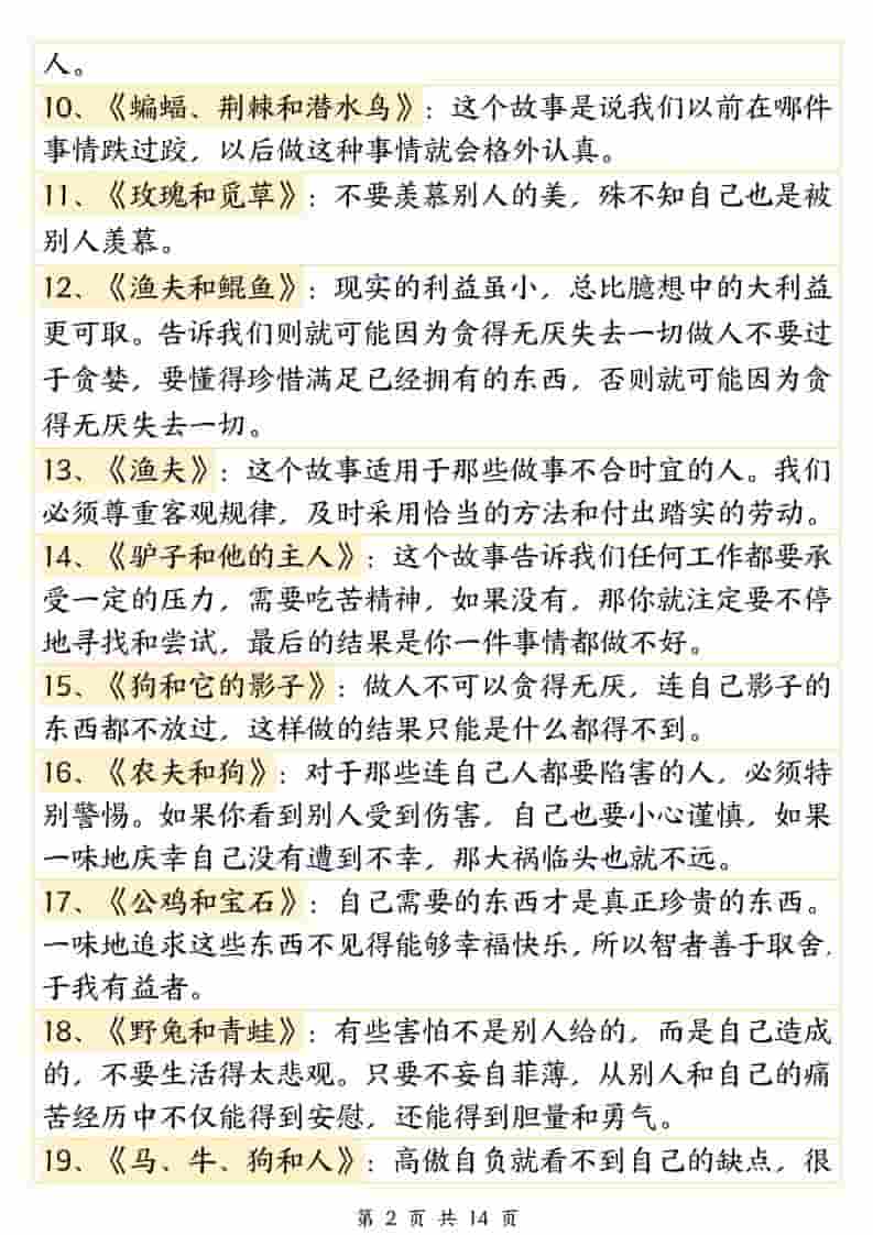 三年级下语文必背《伊索寓言》寓意140篇