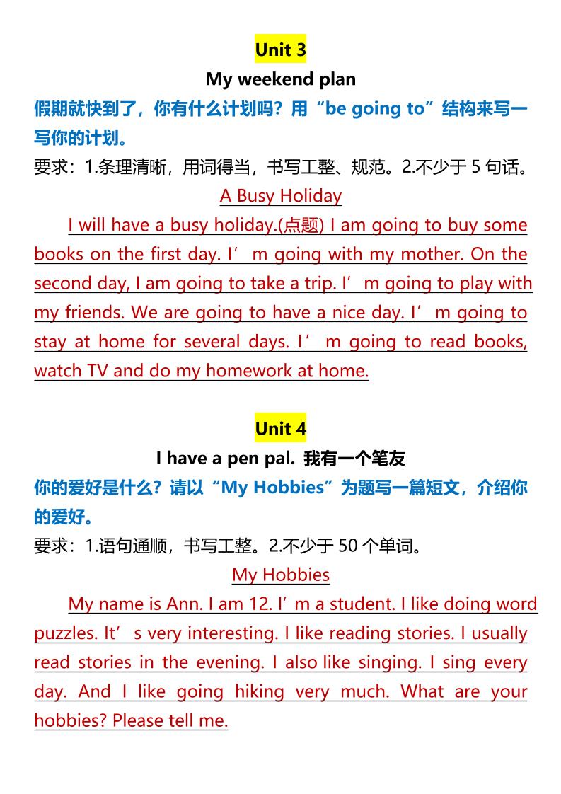 【2025秋新版】【六年级上册英语】各单元英语作文范文-上古云网创
