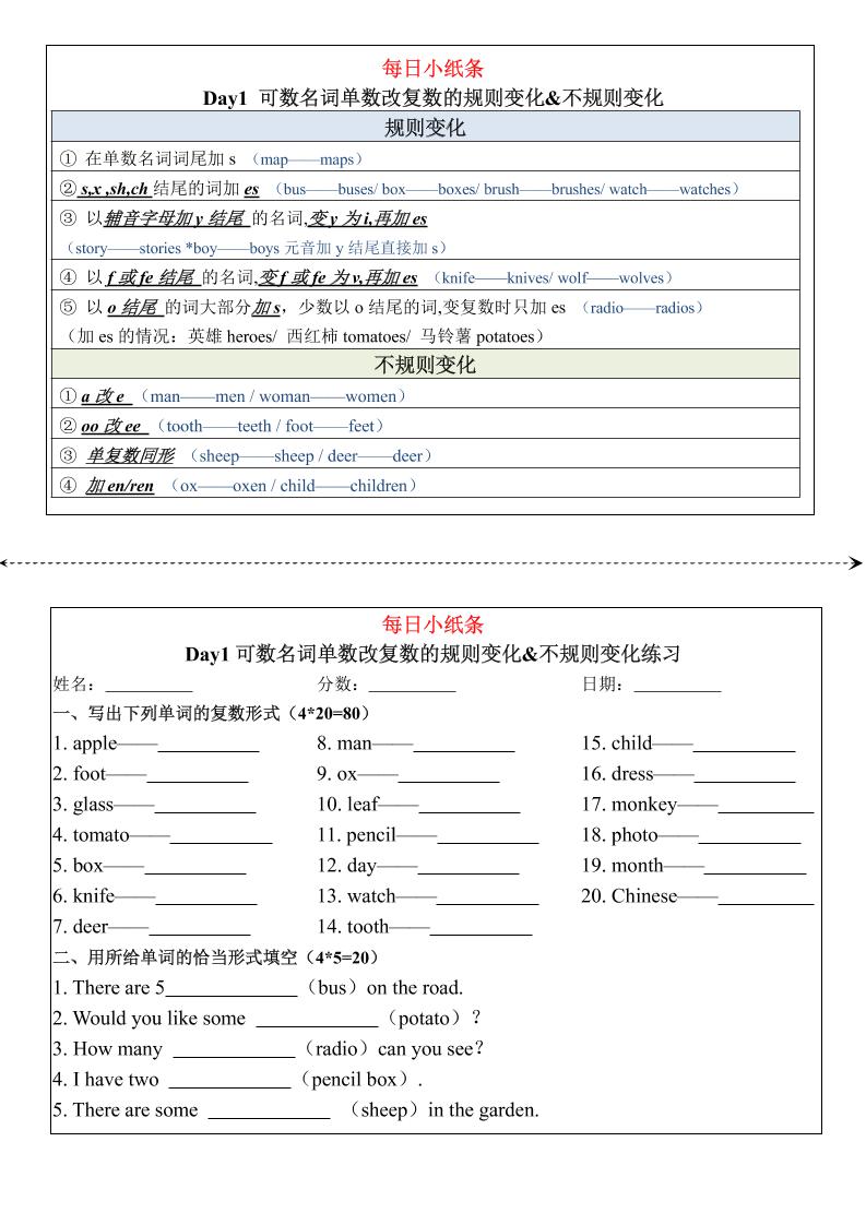 七年级上英语词语变化练习34天