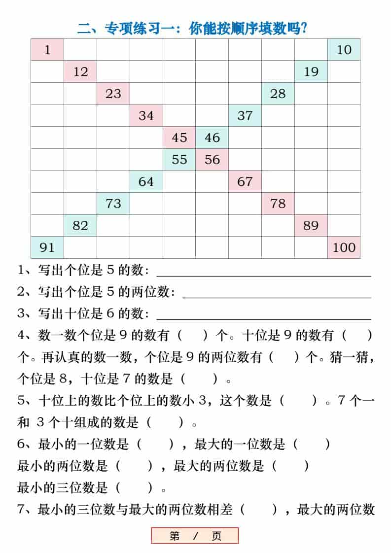 新一年级下数学《百数表》易错专项练习强化训练（含答案）-上古云网创