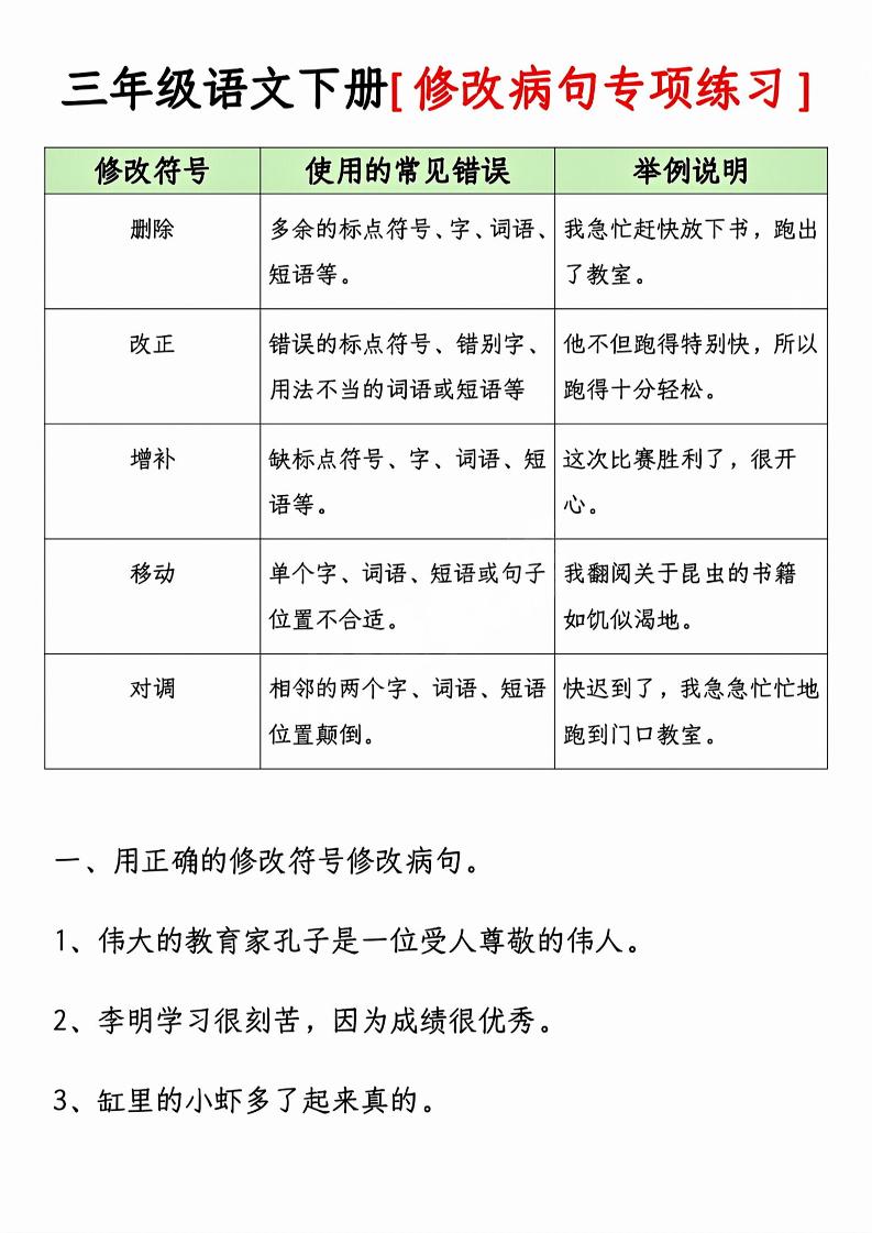 三年级下语文修改病句专项练习-附答-上古云网创