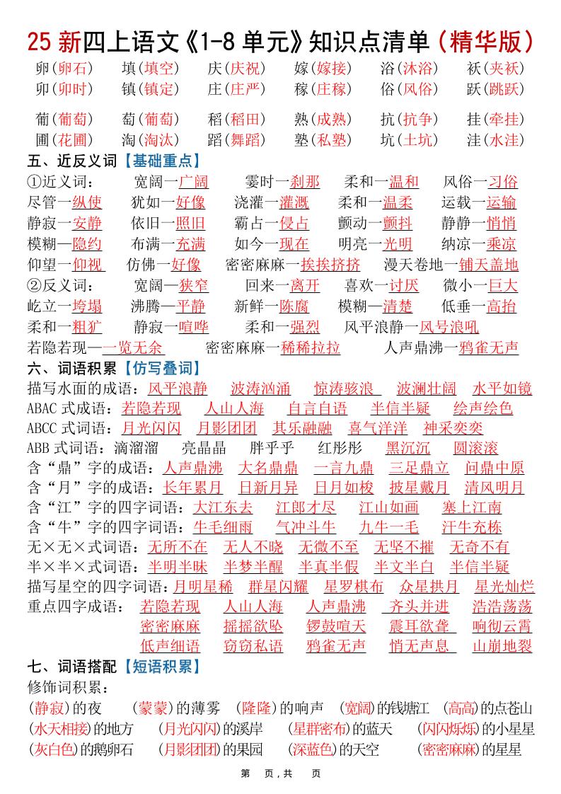 25新四上语文1-8单元知识点清单（精华版）九大核心考点23页-上古云网创