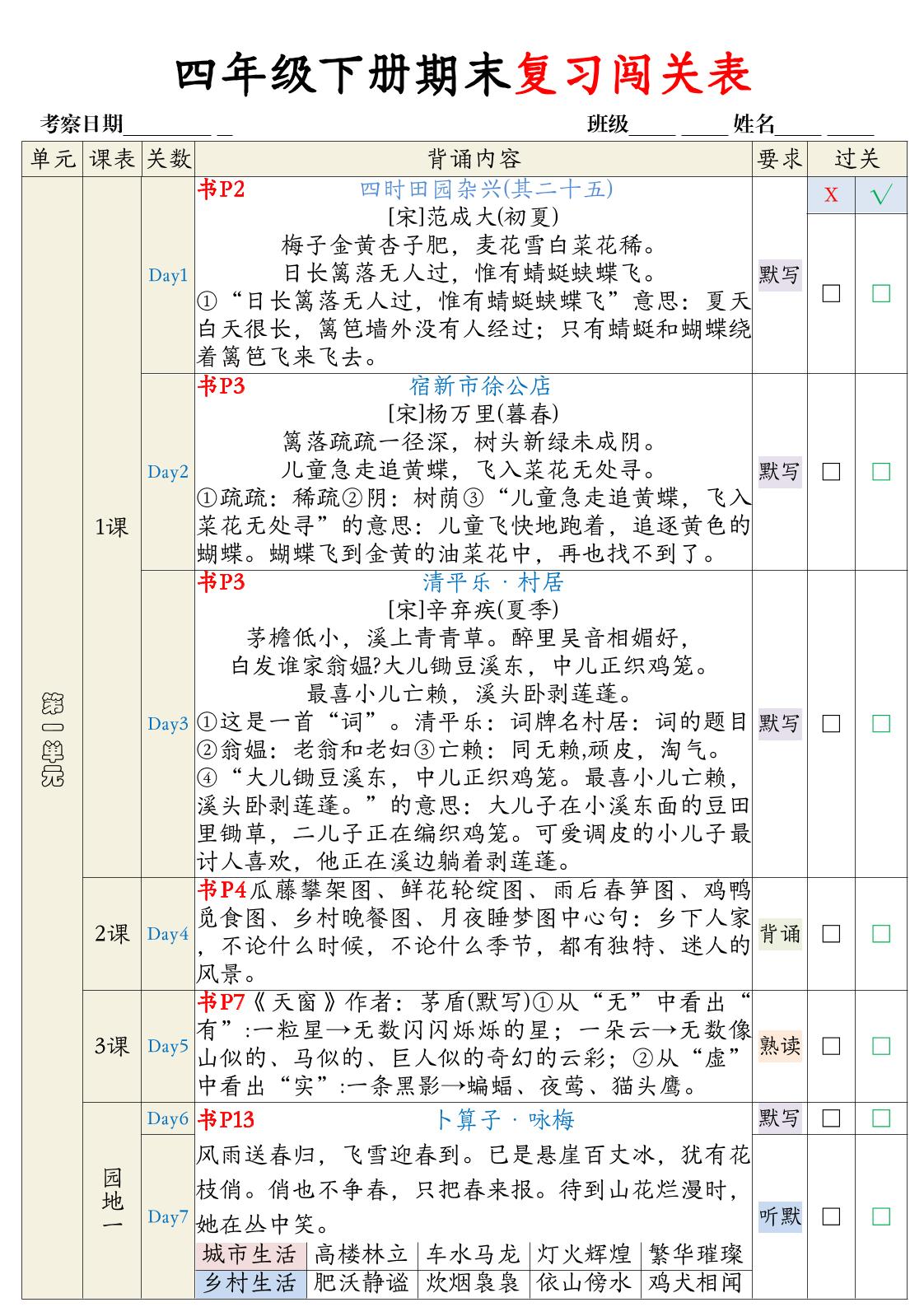 【期末复习背诵闯关表】四下语文