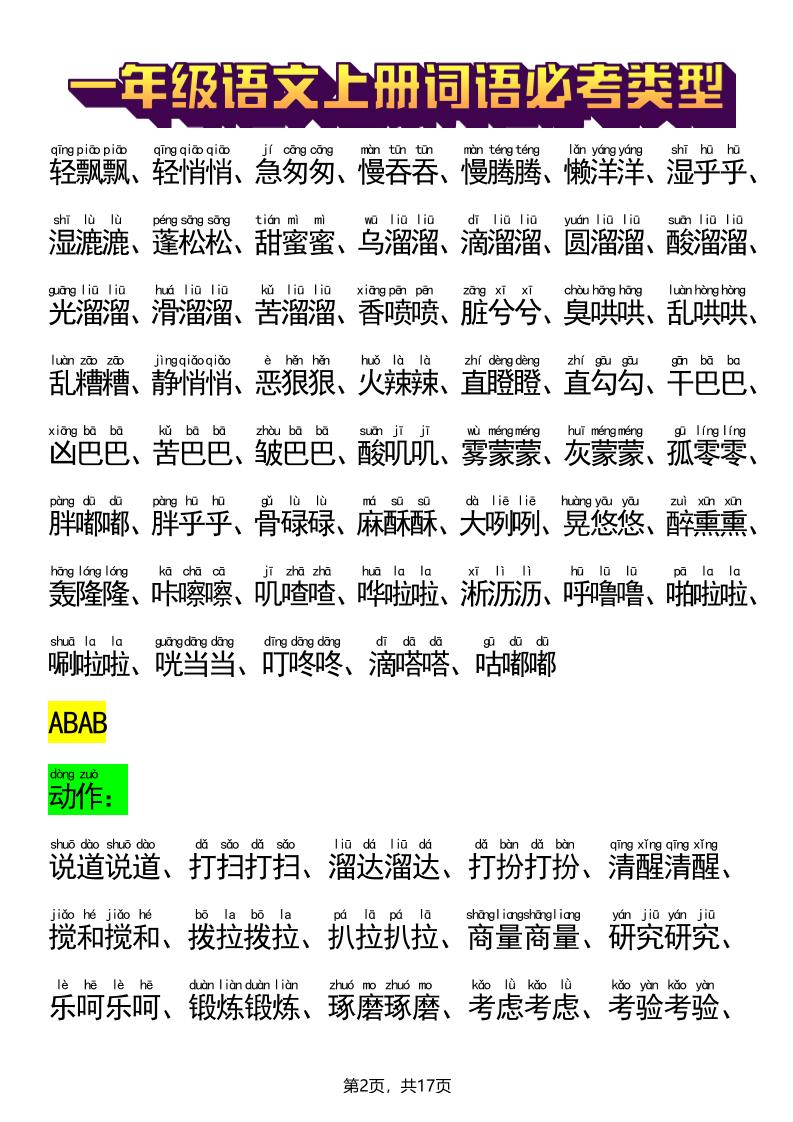 新一上语文词语必考类型(ABB、ABAB、AABB、ABCC、AABC、ABAC、ABCB类词语)17页-上古云网创