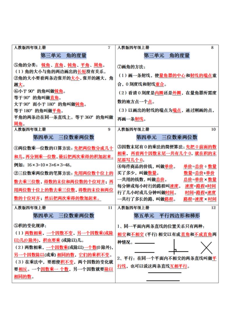 四年级上册数学课课贴-上古云网创