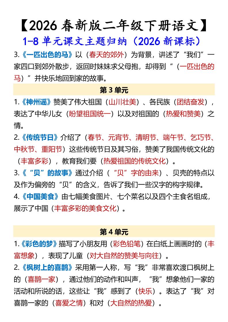 二年级下语文1-8单元课文主题归纳-上古云网创