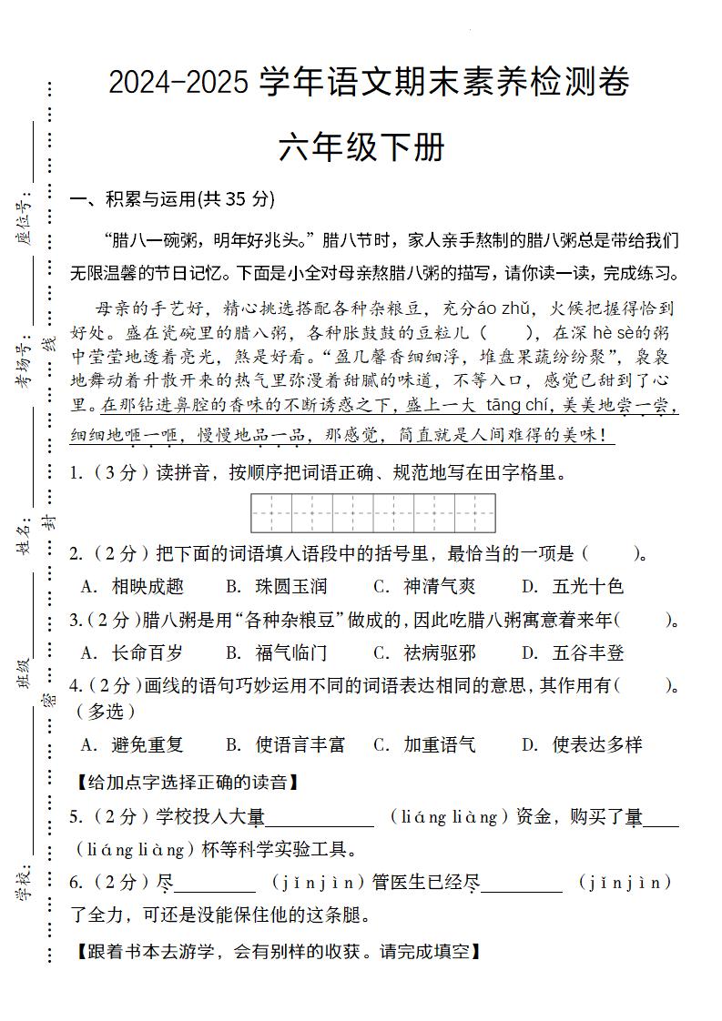 24-25学年语文期末素养检测卷六年级下册