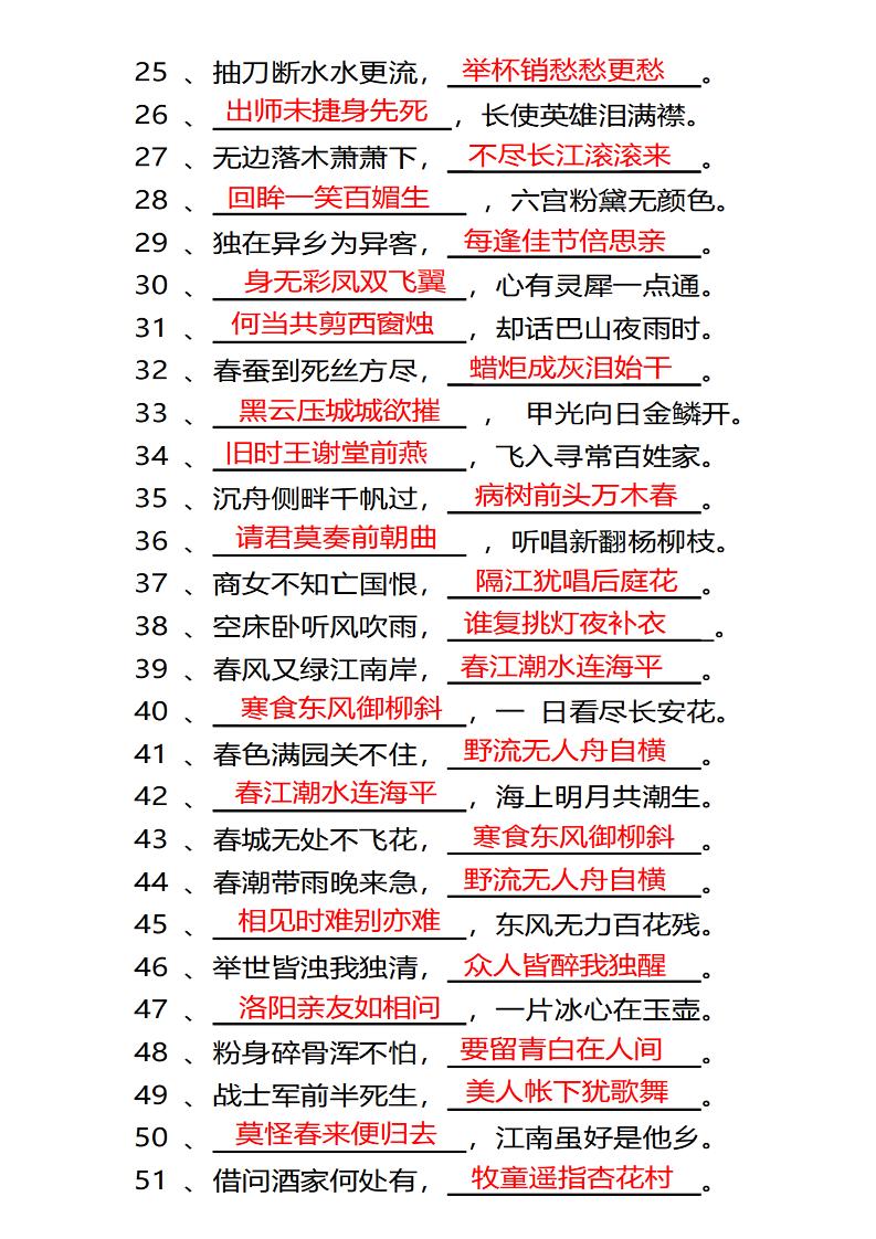 四年级下语文常考古诗词填空100题有答案-上古云网创