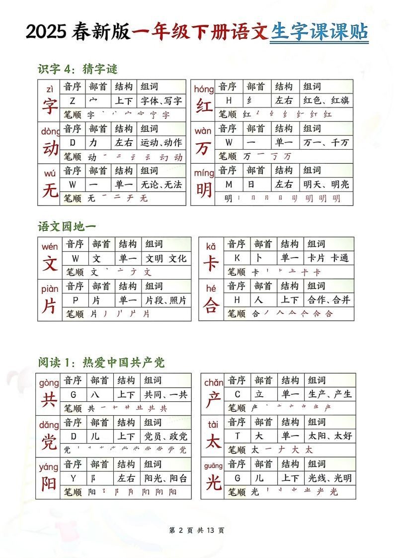 【生字课课贴】【25春新一下语文生字课课贴(13页校对版)-上古云网创