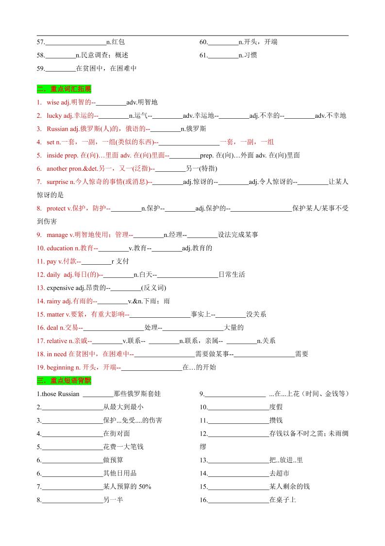 七年级上英语Unit7知识清单背默-上古云网创