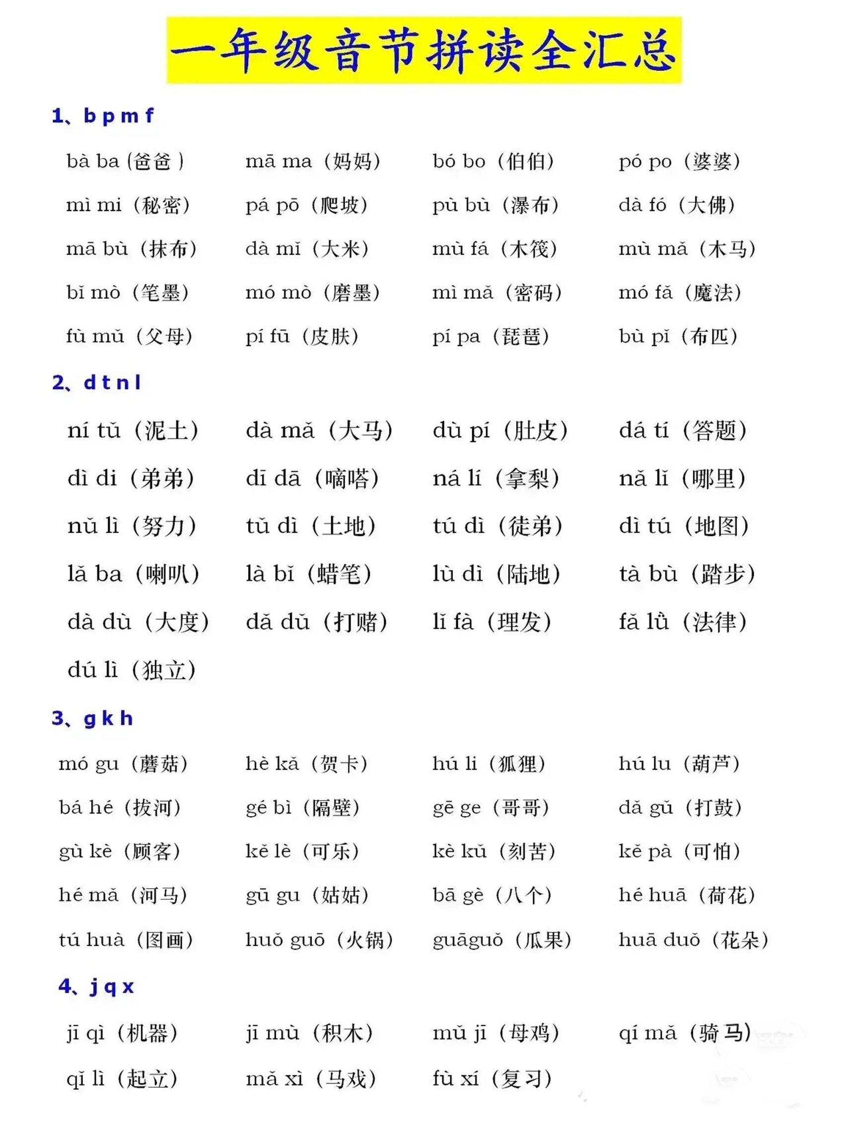一年级上语文音节拼读全汇总