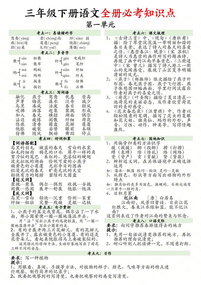 三下语文全册1-8单元必考知识点汇总（8页）
