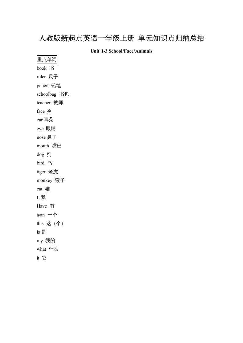 一年级英语上册单元知识点归纳总结（人教一起点）