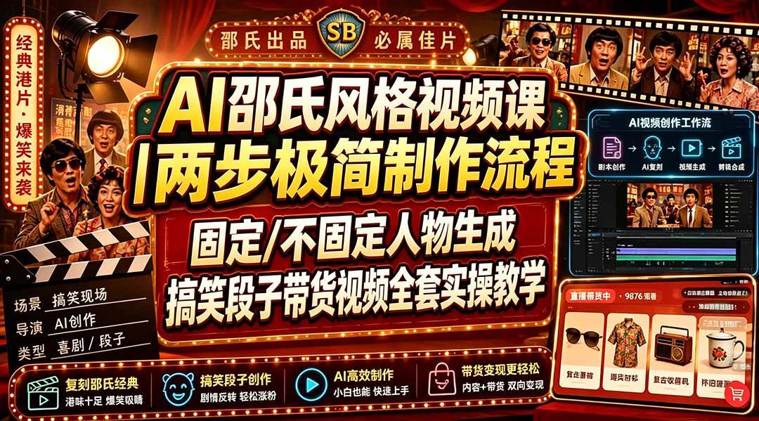 （19602期）AI邵氏风格视频课｜两步极简制作流程，固定/不固定人物生成，搞笑段子带货视频全套实操教学-上古云网创