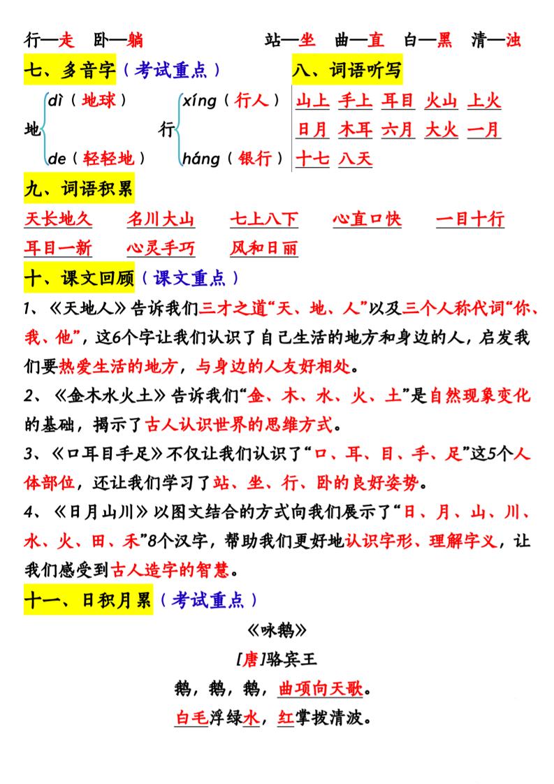一上语文期中重点知识汇总-上古云网创
