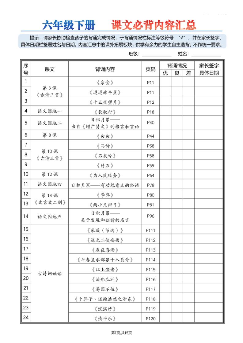 26春六下语文课文必背内容汇总15页
