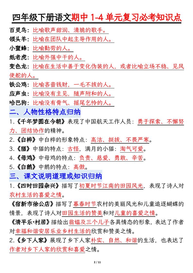 四年级下语文期中1-4单元复习必考知识点-上古云网创
