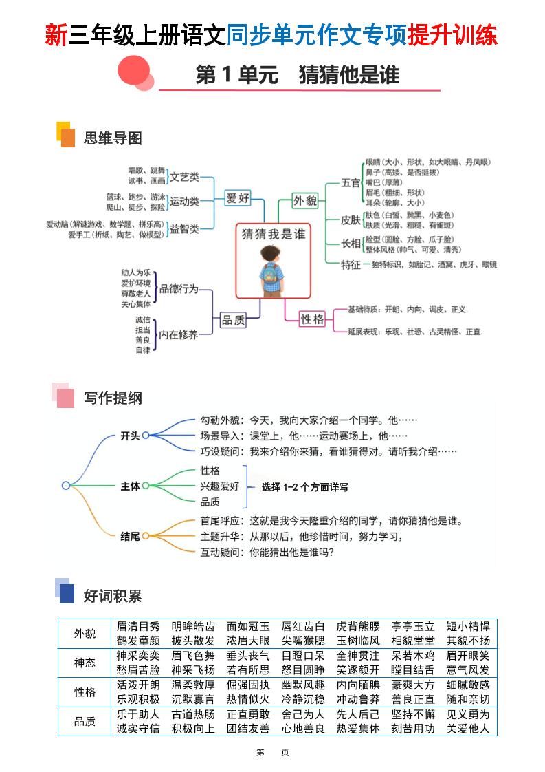新三上语文同步单元作文专项提升训练（答案版48页）-上古云网创