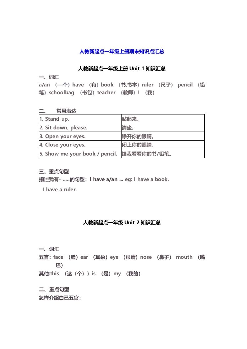 一年级英语上册期末知识点汇总6页（人教一起点）