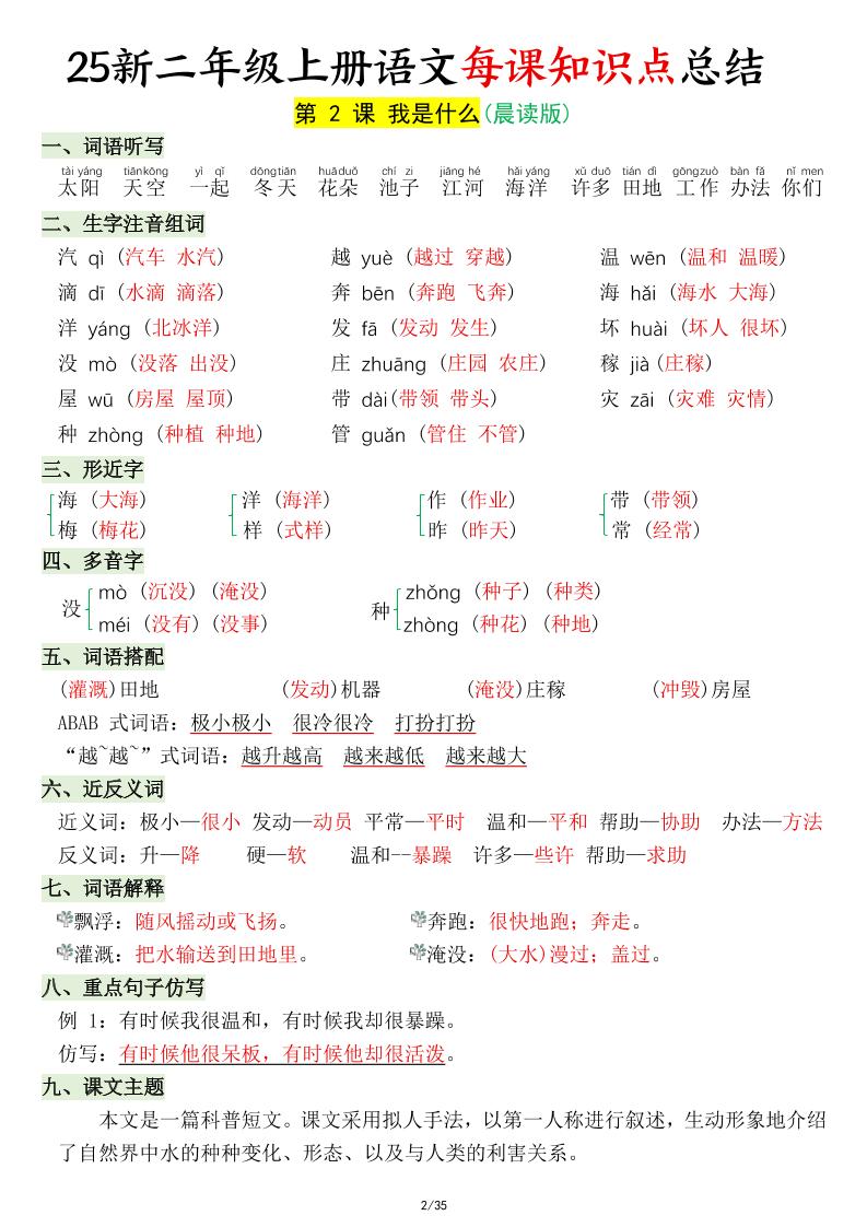 25新二年级上语文每课知识点总结-上古云网创