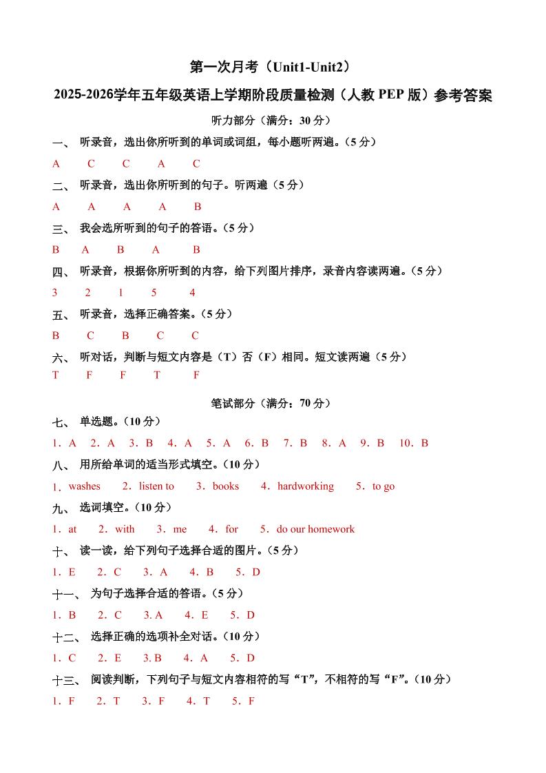 五上人教pep英语第一次月考(Unit1-Unit2)(参考答案)-上古云网创