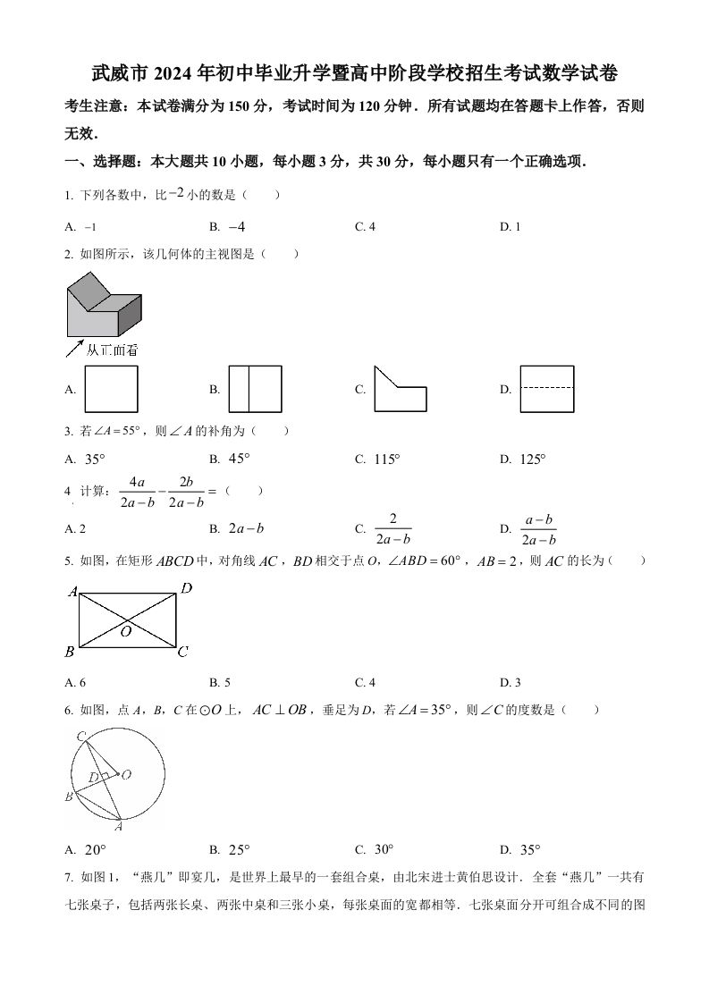 2024年甘肃省武威市中考数学试题（空白卷）
