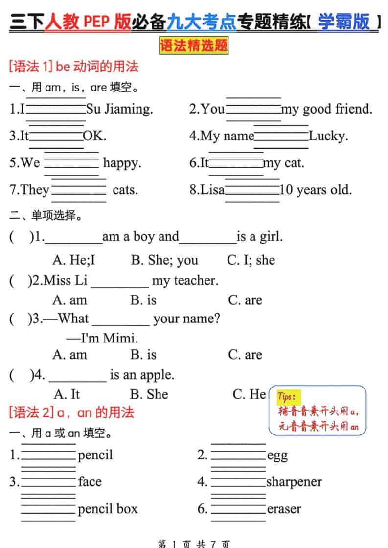 三年级下英语必备九大考点专题精练《人教版PEP》