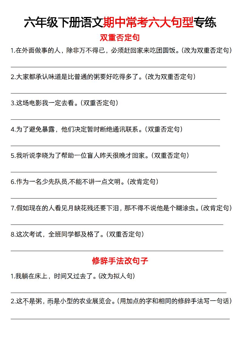 六下语文《语文六大句型期中考点专练》