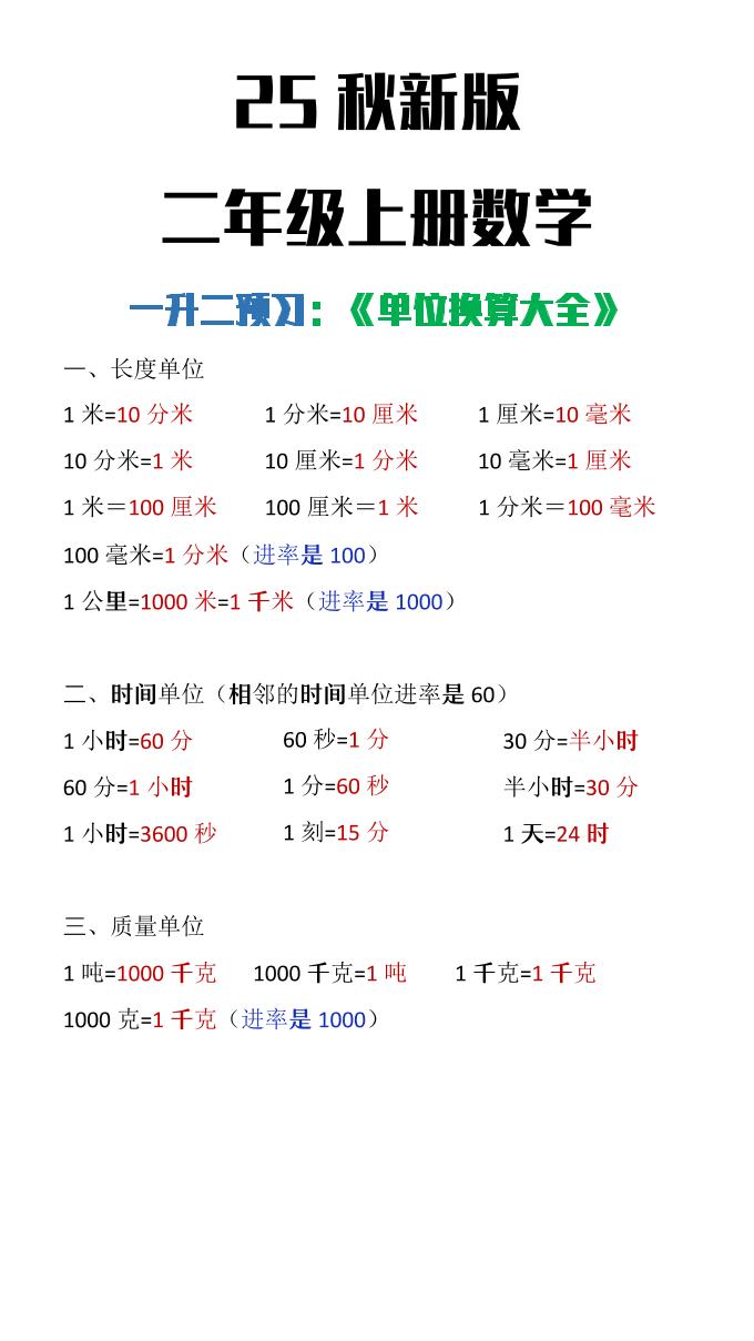 【2025秋新版】二年级上册数学单位换算大全-上古云网创