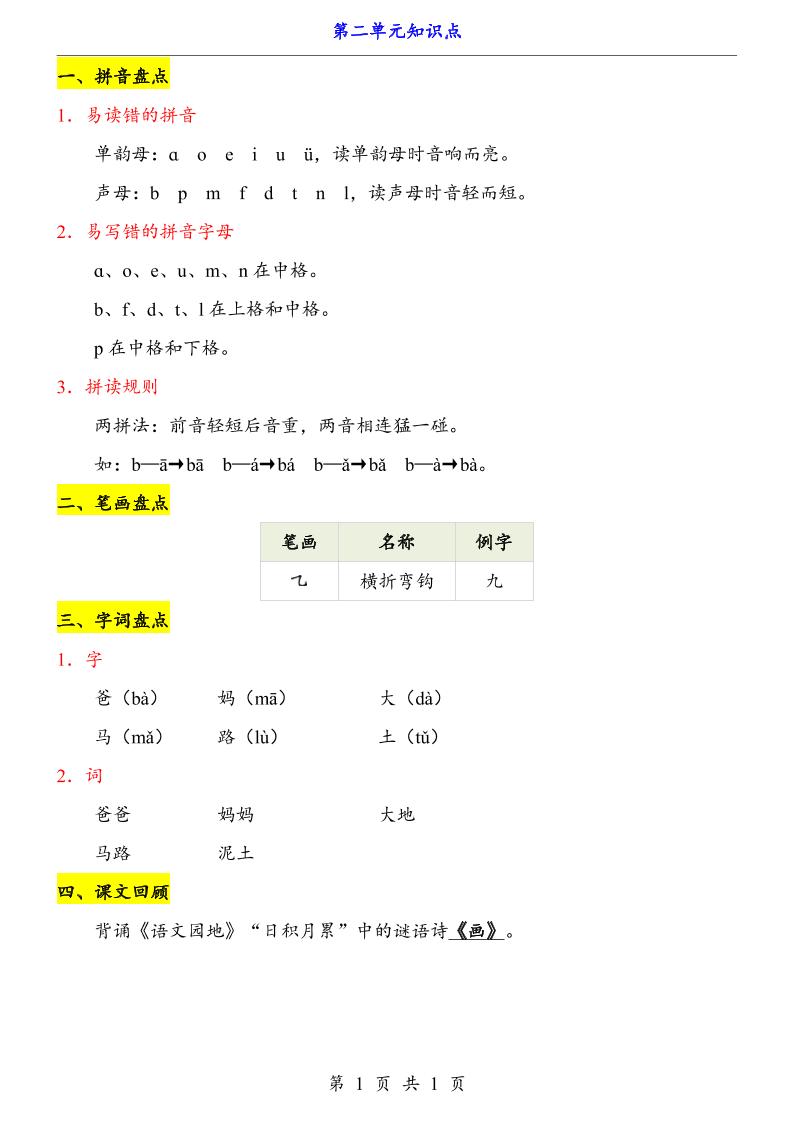 第2单元（知识点）一上语文-上古云网创