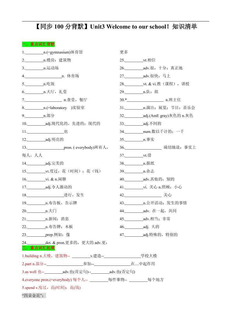 七年级上英语Unit3知识清单背默
