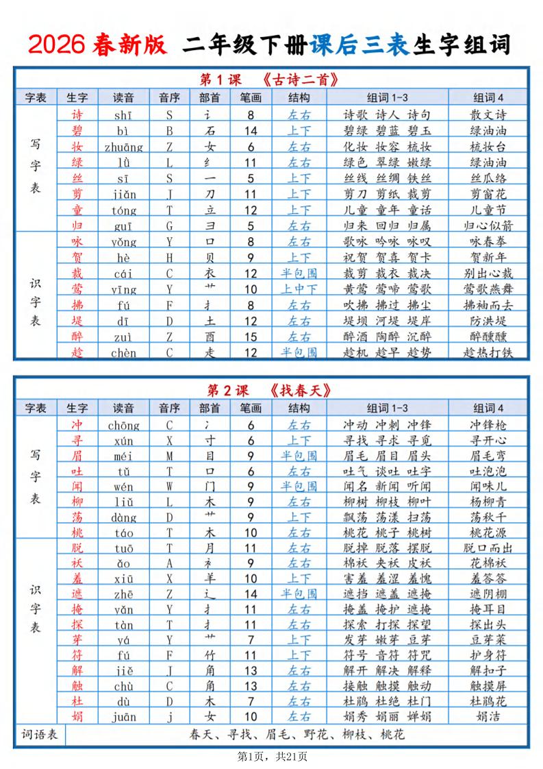 二年级下语文2026春课后三表生字组词