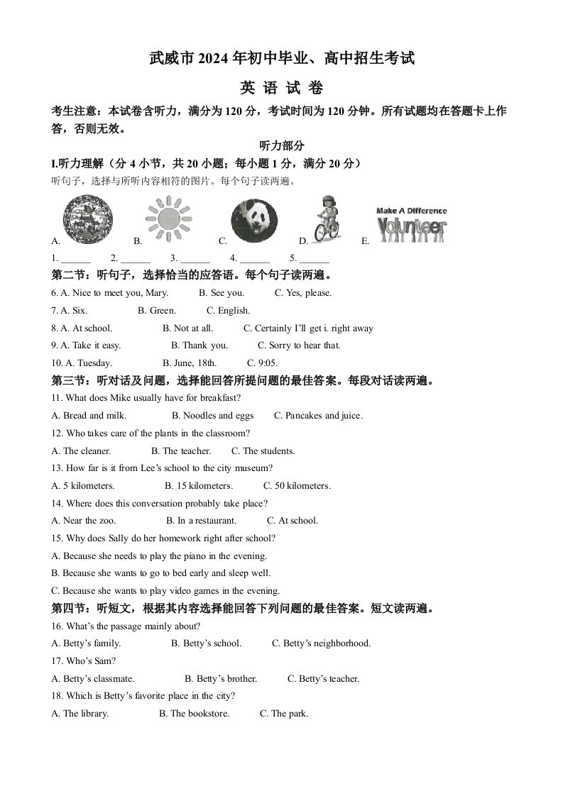 2024年甘肃省武威市、嘉峪关市、临夏州中考英语真题（含答案）