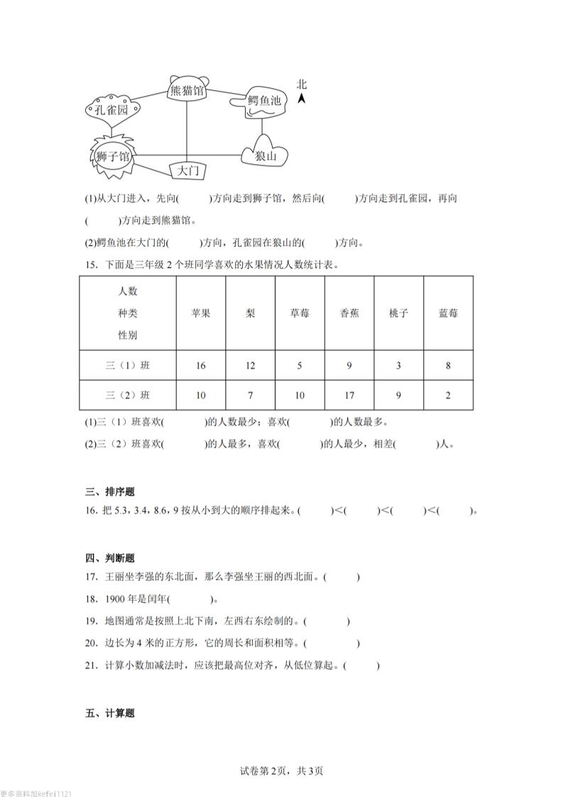 24-25三下数学（人教版）期末试卷3-上古云网创