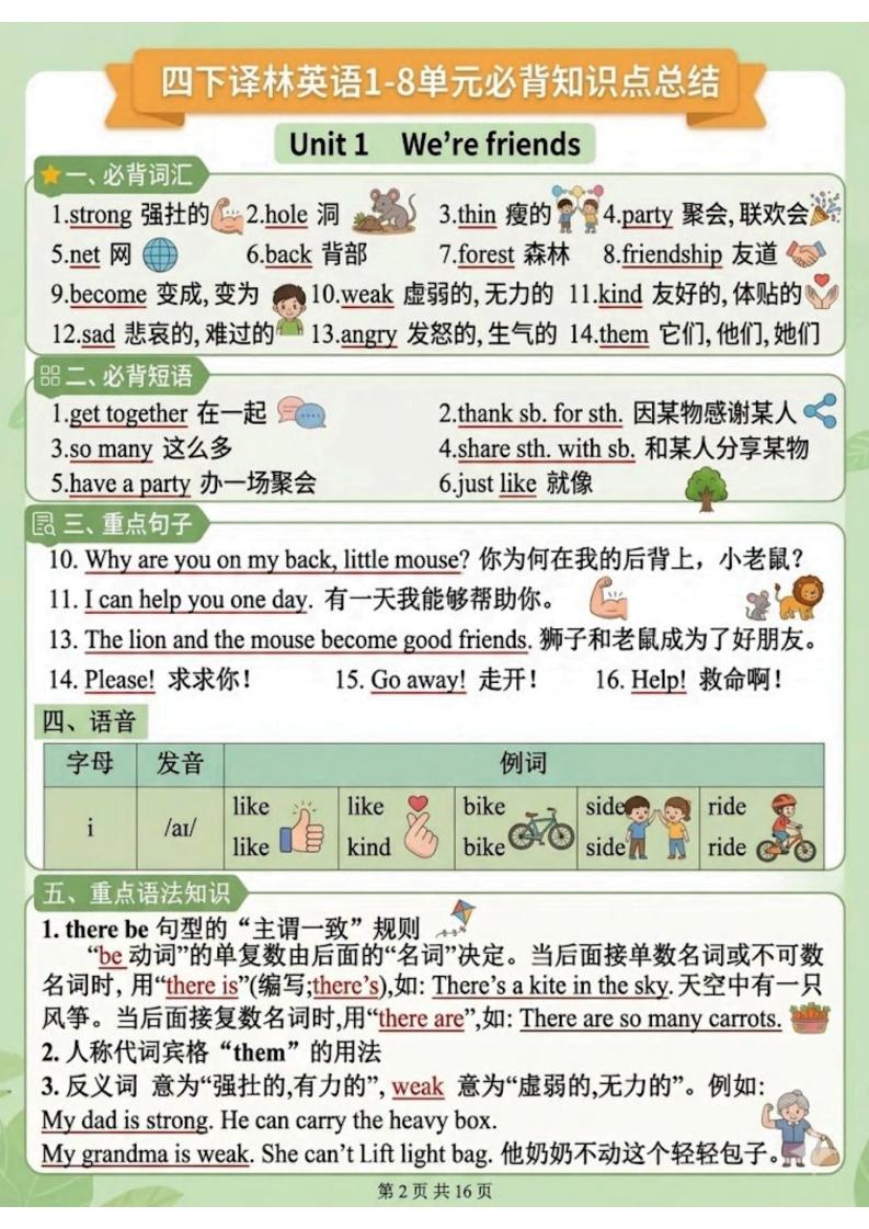 四年级下英语1-8单元知识点汇总《译林版》-上古云网创
