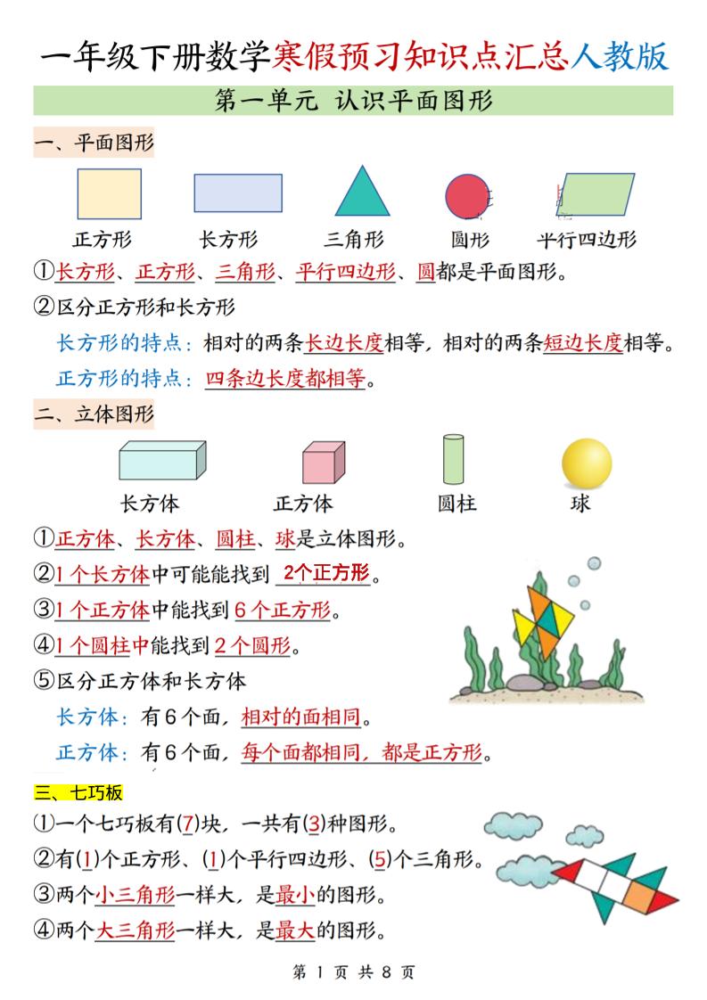 26春一下人教数学《寒假预习全册知识点汇总》