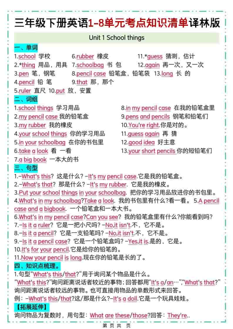 三年级下英语1-8单元考点知识清单《译林版》