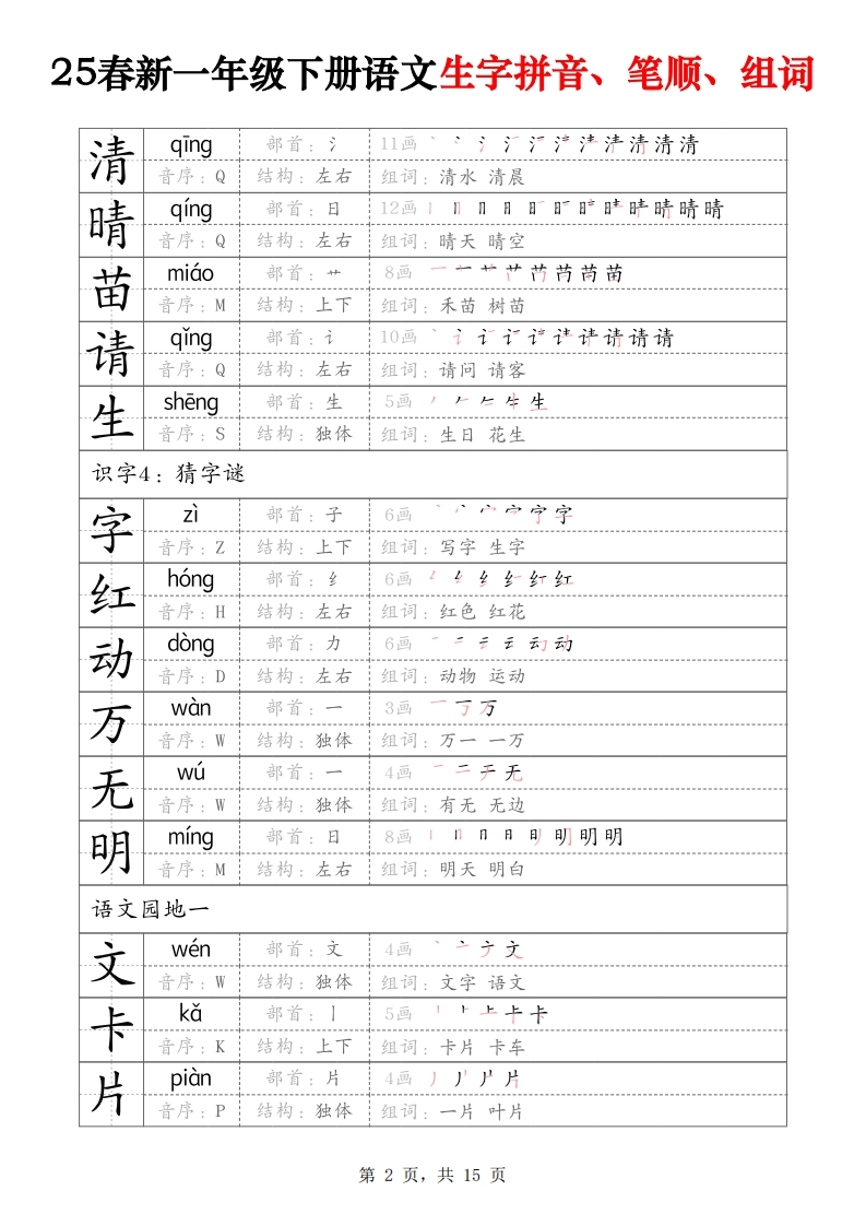 25春新一下语文生字拼音、笔顺、组词（15页）-上古云网创