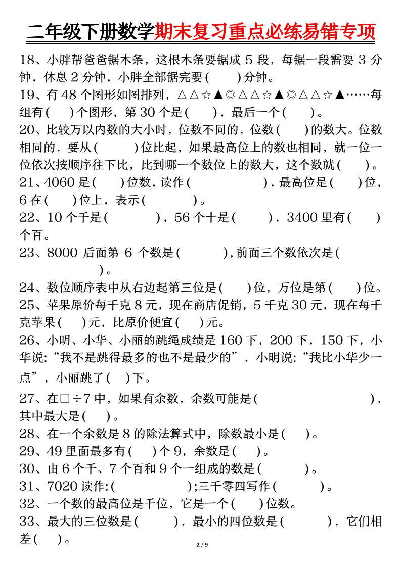 二下数学期末复习重点必练易错专项（练习+答案18页）-上古云网创