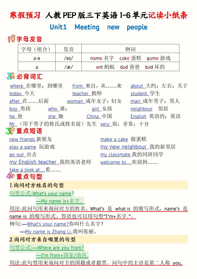 寒假预习三下人教PEP版英语1-6单元记读小纸条(12页）