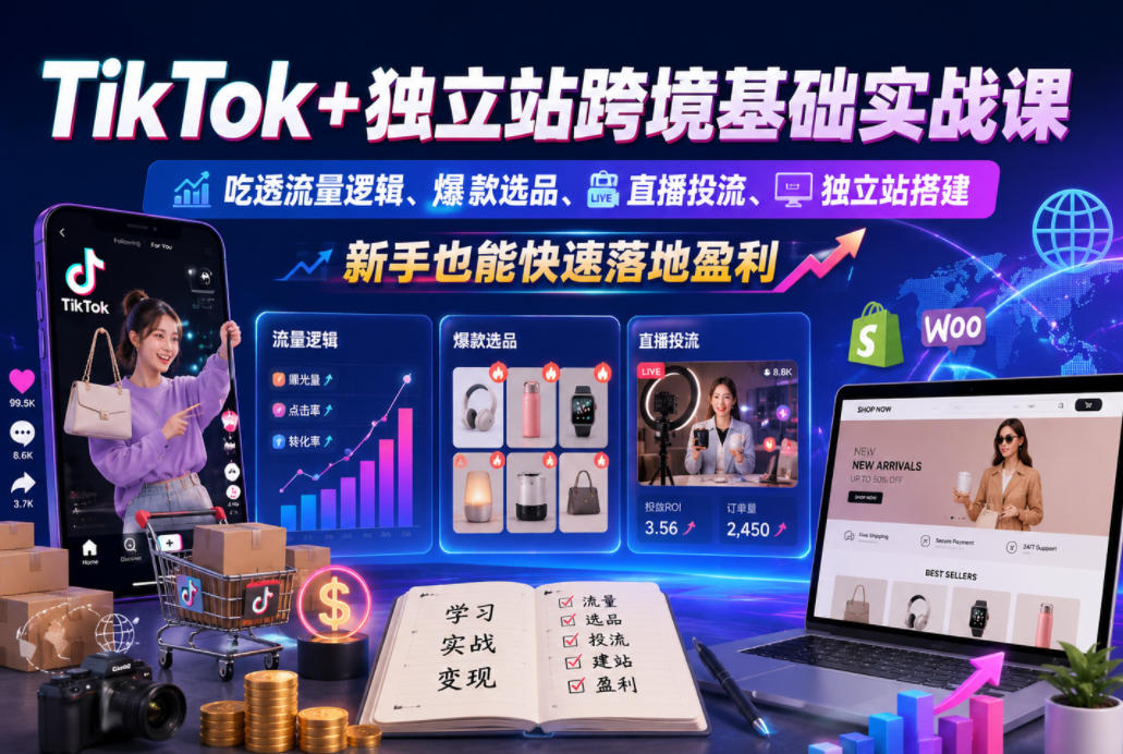 TikTok+独立站跨境基础实战课,吃透流量逻辑、爆款选品、直播投流与独立站搭建,新手也能快速落地盈利-上古云网创