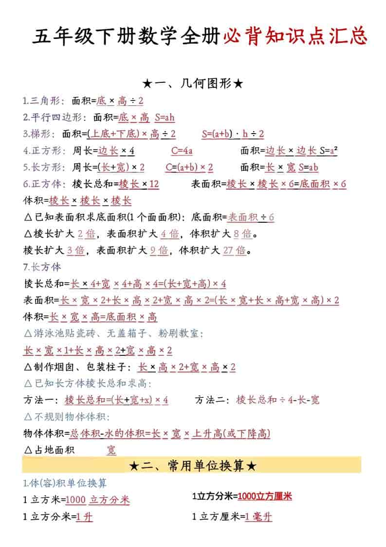 五年级下数学26春必背公式汇总