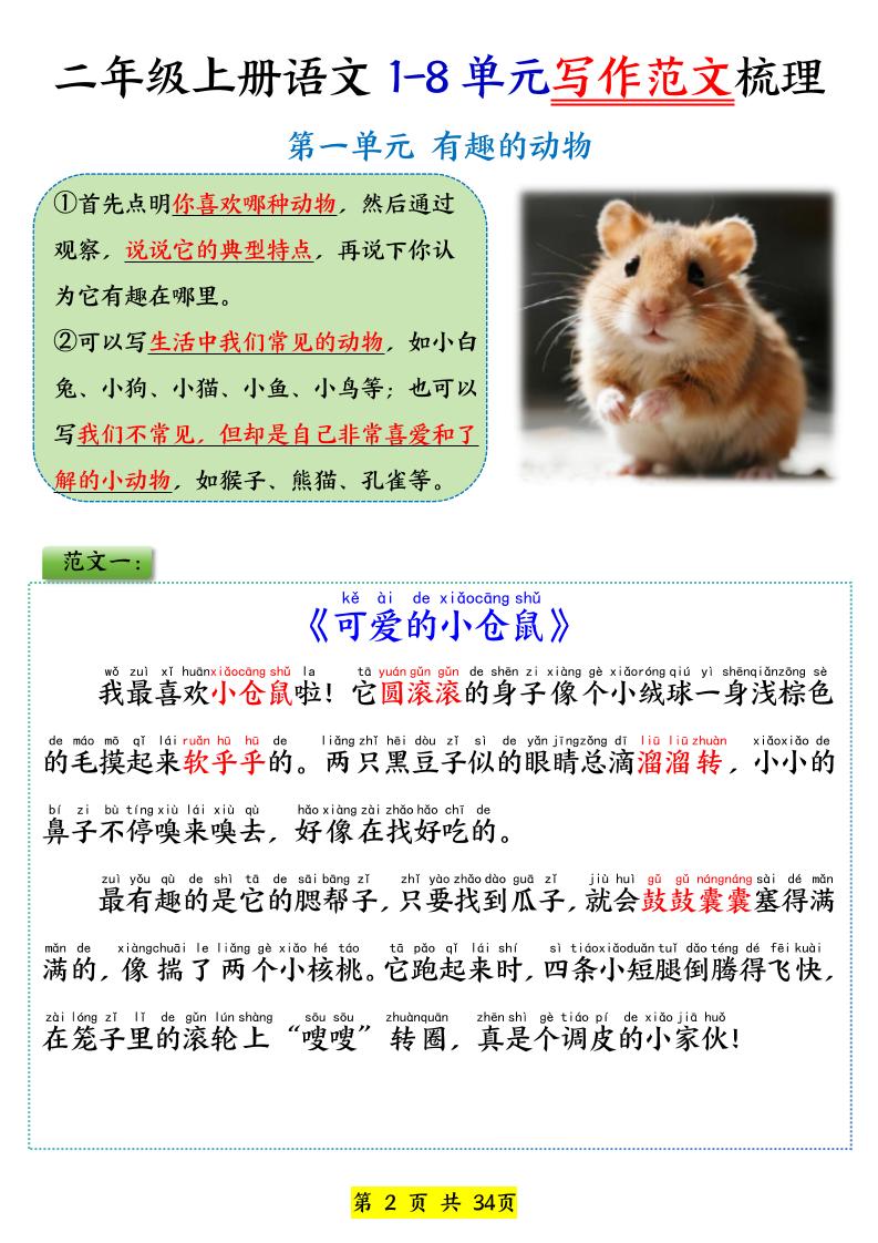 25新二上语文1-8单元看图写话必背范文33篇34页-上古云网创