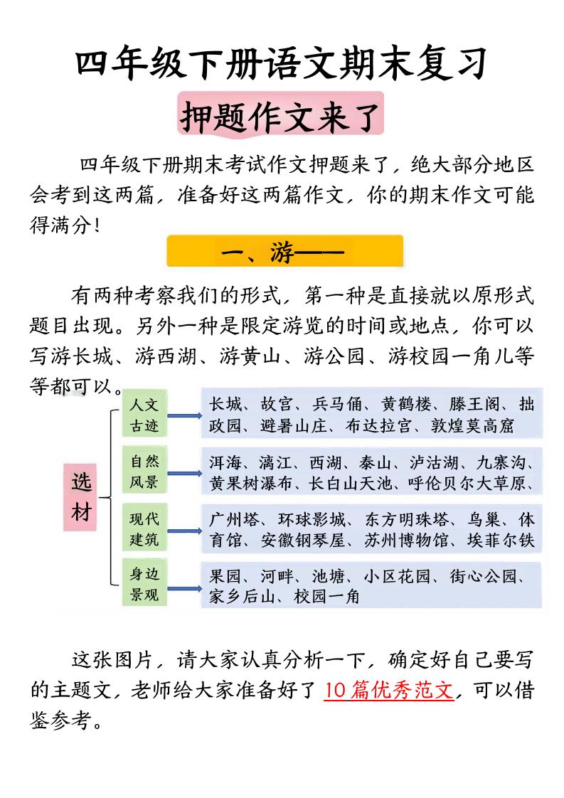 四年级下册语文期末复习押题作文