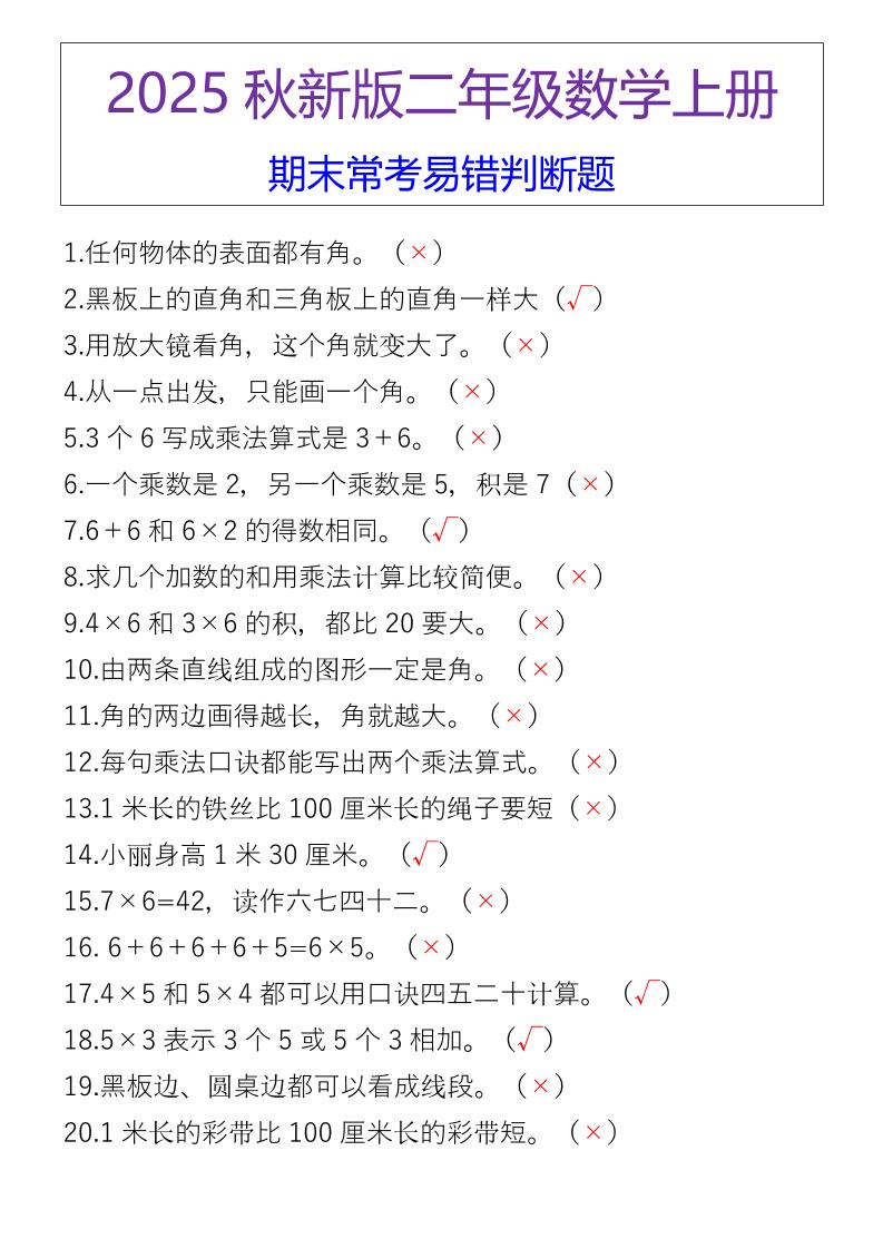 【2025秋新版】二年级数学上册期末常考易错判断题-上古云网创